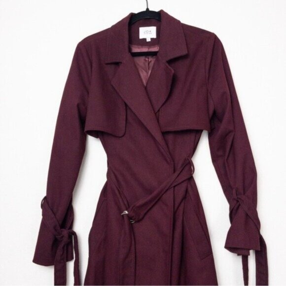 NEW J.O.A Belted Trench Coat S Burgundy Maroon Tie Cuff Double Breasted Utility - Picture 6 of 12